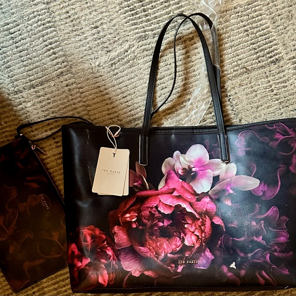 Ted Baker London Black Floral canvas shopper With detachable wristlet NEW